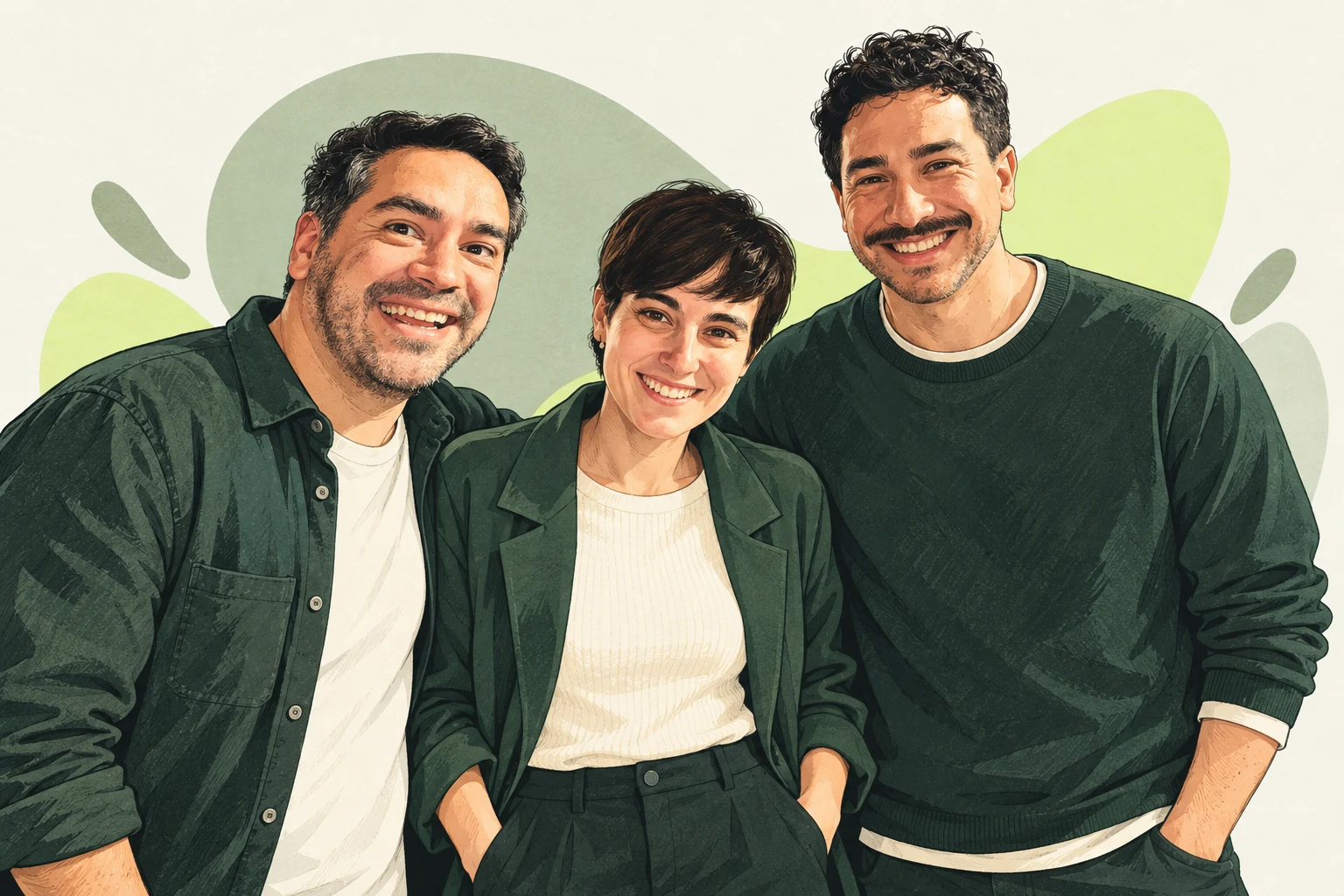 Retrato ilustrado de los tres fundadores de BubbleTic: Adro a la izquierda, Maru en el centro y Cris a la derecha, sonriendo juntos.